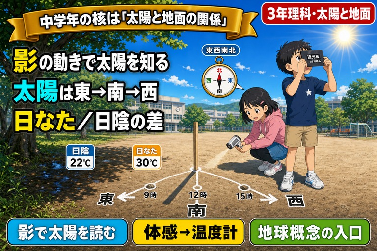校庭で遮光板を使い太陽を見る3年生男児、棒の影に9時/12時/15時の印を付けた東→南→西の軌跡、放射温度計で日なた30℃と日陰22℃を比べる女児、東西南北の方位磁針を描いたアニメ風イラスト。「影の動きで太陽を知る、太陽は東→南→西、日なた／日陰の差」のテキスト入り