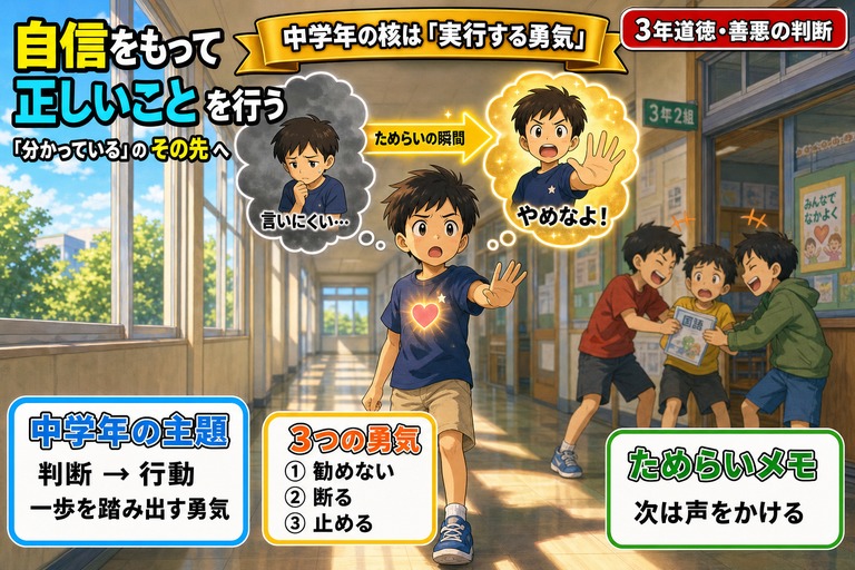 校舎廊下で友達のからかいを止めようか迷う3年生男子のアニメ風イラスト。頭上に灰色「言いにくい…」と金色「やめなよ！」の対比する思考雲が浮かぶ。「自信をもって正しいことを行う／『分かっている』のその先へ」のテキスト入り