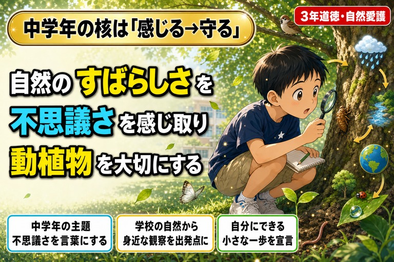 校庭の大きな木の幹にとまるセミの抜け殻を虫メガネで覗き込む3年生男児と、てんとう虫・蝶・小鳥・若葉・地球・雨雲などの自然循環モチーフが浮かぶアニメ風イラスト。「自然のすばらしさを、不思議さを感じ取り、動植物を大切にする」のテキスト入り