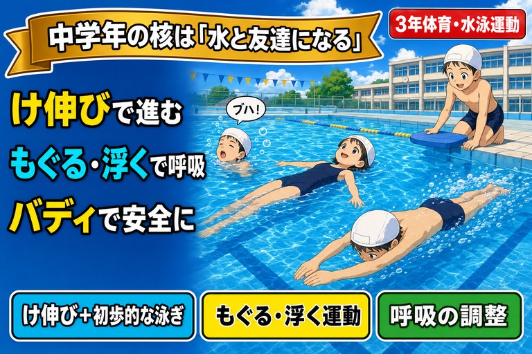 屋外プールでけ伸びをする男児、笑顔で背浮きする女児、ボビングで「ブハ！」と息を吐く男児、ビート板を持ってバディで見守る男児を描いたアニメ風イラスト。「け伸びで進む、もぐる・浮くで呼吸、バディで安全に」のテキスト入り