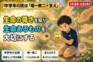 双葉の芽を両手でそっと包み込む3年生男児の周りに、蝶・小鳥・てんとう虫・金魚・つぼみと、上から優しく差し伸べられる多くの手が描かれるアニメ風イラスト。「生命の尊さを知り、生命あるものを大切にする」のテキスト入り