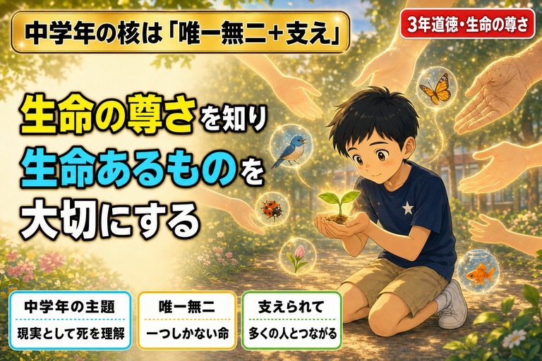 双葉の芽を両手でそっと包み込む3年生男児の周りに、蝶・小鳥・てんとう虫・金魚・つぼみと、上から優しく差し伸べられる多くの手が描かれるアニメ風イラスト。「生命の尊さを知り、生命あるものを大切にする」のテキスト入り