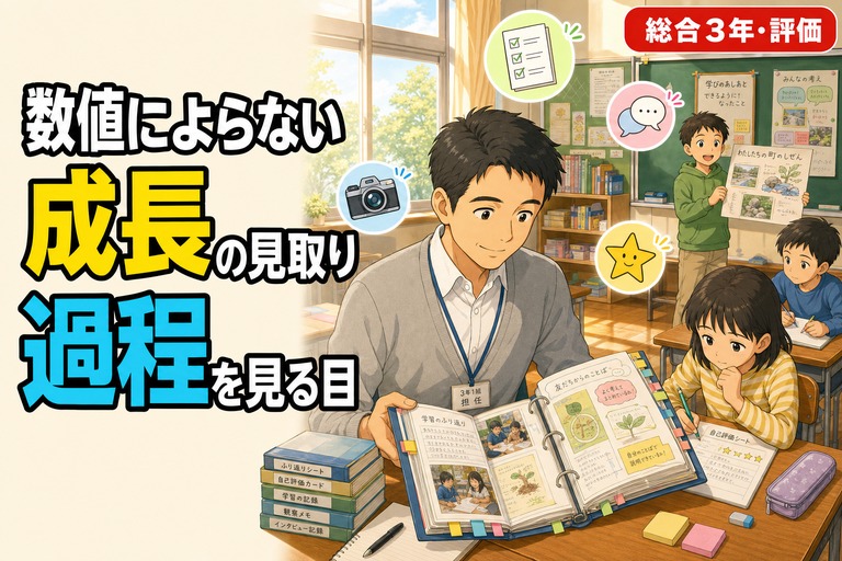 ポートフォリオファイルを開いて児童の作品を見返す教師と、自分のワークシートを振り返る児童、グループで発表する児童が描かれたアニメ風イラスト。「数値によらない成長の見取り」のテキスト入り