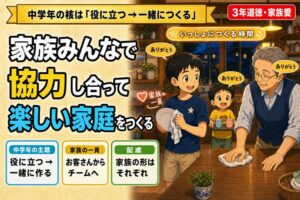 温かい夜の家庭で皿を拭く3年生男子、隣に弟、テーブルを拭く祖父など多世代の家族が協力するアニメ風イラスト。「ありがとう」吹き出しと「いっしょにつくる時間」「家族の一員」のハートを配置。「家族みんなで／協力し合って／楽しい家庭をつくる」のテキスト入り