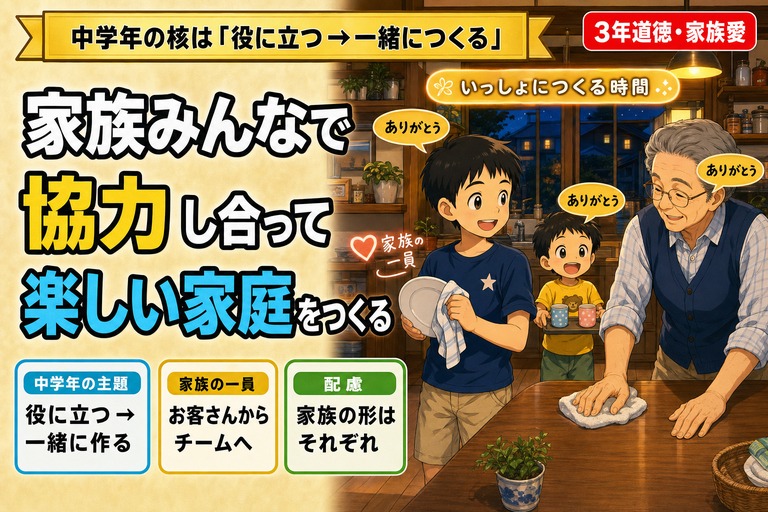 温かい夜の家庭で皿を拭く3年生男子、隣に弟、テーブルを拭く祖父など多世代の家族が協力するアニメ風イラスト。「ありがとう」吹き出しと「いっしょにつくる時間」「家族の一員」のハートを配置。「家族みんなで／協力し合って／楽しい家庭をつくる」のテキスト入り