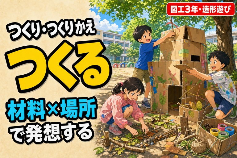 校庭で大きな段ボールを組み合わせる児童、木の枝や葉を使って場所を飾る児童、友人と一緒に材料を重ねて形をつくる児童が描かれたアニメ風イラスト。「つくり・つくりかえ・つくる」のテキスト入り
