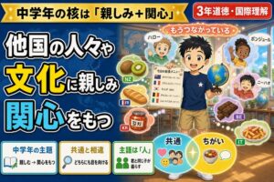 給食の献立表と地球儀を持つ3年生男児と世界の友達3人、各国食材のアニメ風イラスト。「他国の人々や文化に親しみ、関心をもつ」のテキスト入り