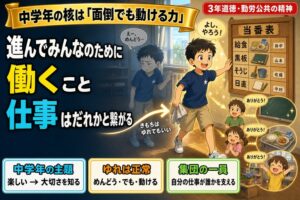3年生男子の「めんどう…」と渋る灰色の自分と「よし、やろう！」と動き始める金色の自分のデュアルセルフのアニメ風イラスト。当番表と3人の友達からの「ありがとう」吹き出しが描かれ、「進んでみんなのために／働くこと／仕事はだれかと繋がる」のテキスト入り