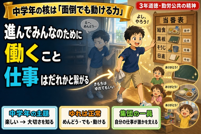 3年生男子の「めんどう…」と渋る灰色の自分と「よし、やろう！」と動き始める金色の自分のデュアルセルフのアニメ風イラスト。当番表と3人の友達からの「ありがとう」吹き出しが描かれ、「進んでみんなのために／働くこと／仕事はだれかと繋がる」のテキスト入り