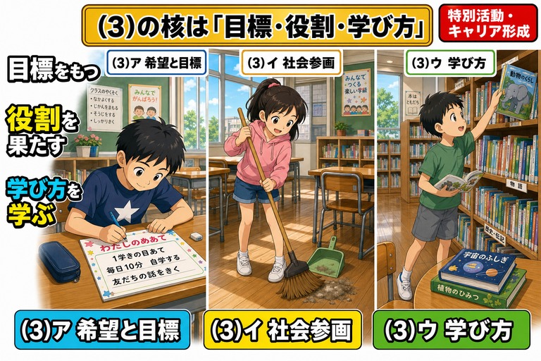 3パネル構成のアニメ風イラスト。左：机で「わたしのめあて／1学きの目あて／毎日10分　自学する／友だちの話をきく」と書く男児（希望と目標）、中央：ほうきとちりとりで教室を笑顔で掃除する女児（社会参画）、右：学校図書館で本棚から絵本を取り出し開いた本を持つ男児（学び方）。「目標をもつ／役割を果たす／学び方を学ぶ」のテキスト入り