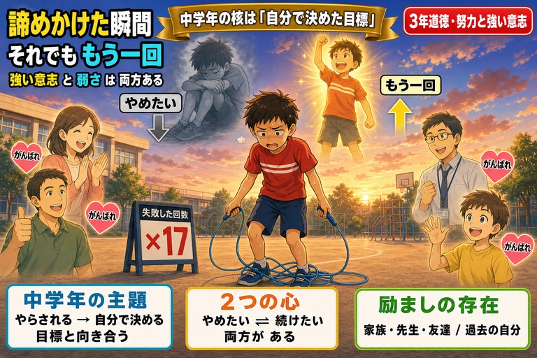 放課後の校庭で二重跳びに失敗した3年生男子のアニメ風イラスト。頭上に灰色の「やめたい」と金色の「もう一回」のもう一人の自分が対峙し、母・父・先生・友達が「がんばれ」と励ましている。「諦めかけた瞬間/それでももう一回/強い意志と弱さは両方ある」のテキスト入り