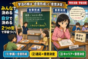 左に学級会で手を挙げ「みんなで決める」話し合いをする児童たちと黒板の板書、右に一人で目標カードを書き「自分で決める」女児を描いた2分割のアニメ風イラスト。「みんなで決める／自分で決める／2つの型で学級づくり」のテキスト入り