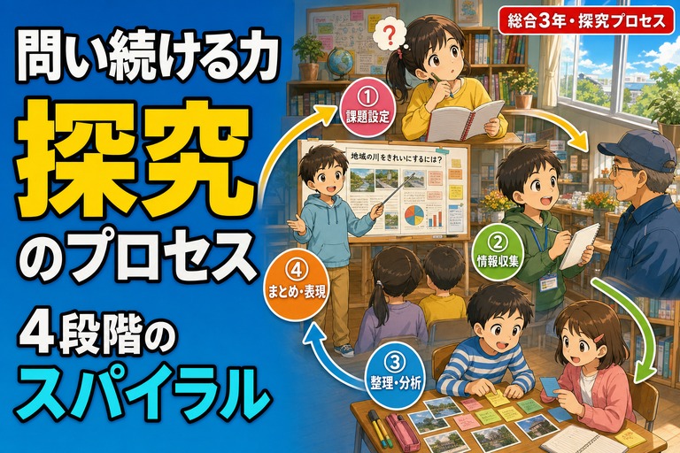 「課題設定→情報収集→整理分析→まとめ表現」の4段階を矢印でつないだ図と、各段階で活動する児童が描かれたアニメ風イラスト。「探究のプロセス」のテキスト入り