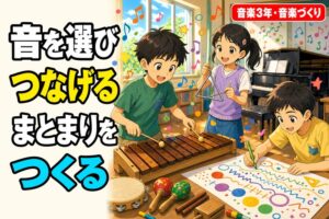 木琴やトライアングルなど様々な楽器を使って音楽をつくる児童たち、図形楽譜を描く児童が描かれたアニメ風イラスト。「音を選び、つなげ、まとまりをつくる」のテキスト入り
