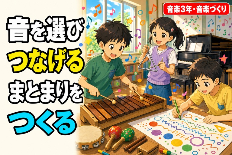 木琴やトライアングルなど様々な楽器を使って音楽をつくる児童たち、図形楽譜を描く児童が描かれたアニメ風イラスト。「音を選び、つなげ、まとまりをつくる」のテキスト入り