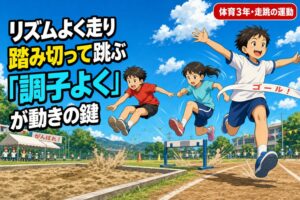 かけっこでゴールテープを切る児童、小型ハードルを走り越える児童、砂場で幅跳びをする児童が描かれるアニメ風イラスト。「調子よく走り、踏み切って跳ぶ」のテキスト入り