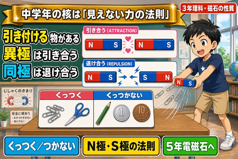 棒磁石を持ちクリップを引き寄せる3年生男児、N-S引き合う・N-N退け合う2組の磁石、くっつく/くっつかない分類表を描いたアニメ風イラスト。「引き付ける物がある、異極は引き合う、同極は退け合う」のテキスト入り
