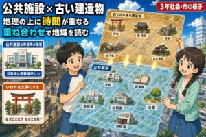 児童2名が「古くから残る建造物マップ（セピア）」と「公共施設マップ（ブルー）」の2枚の地図を重ね合わせるアニメ風イラスト。神社・寺院・城跡と学校・図書館・市役所・消防署が並ぶ。「公共施設×古い建造物 地理の上に時間が重なる 重ね合わせで地域を読む」のテキスト入り