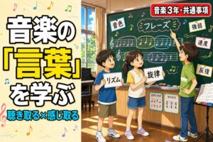 楽譜を見ながら「リズム」「旋律」「フレーズ」などの音楽用語カードを手にする児童たち、音楽の構造を色分けした図が黒板に描かれた音楽室の様子のアニメ風イラスト。「音楽の言葉を学ぶ」のテキスト入り