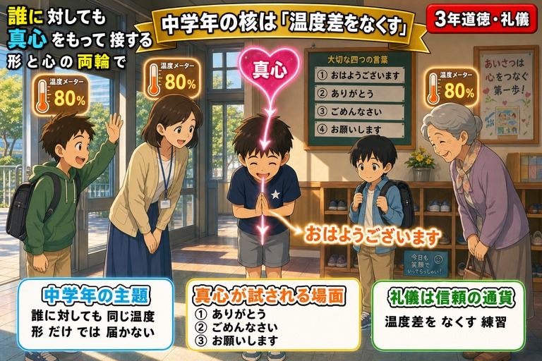 学校の昇降口でおじぎする3年生男子のアニメ風イラスト。友達・先生・転入生・地域のおばあちゃんの頭上に、すべて同じ80%の温度メーターが灯る。男子の頭上のハート「真心」が口から「おはようございます」となって流れ出る。「誰に対しても/真心をもって接する/形と心の両輪で」のテキスト入り