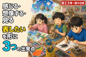 水彩絵の具で想像の世界を描く児童、粘土で立体をつくる児童、木材を組み合わせて工作をつくる児童が描かれたアニメ風イラスト。「感じたこと・想像したこと・見たことから」のテキスト入り