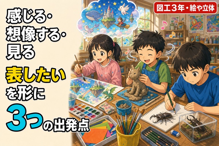 水彩絵の具で想像の世界を描く児童、粘土で立体をつくる児童、木材を組み合わせて工作をつくる児童が描かれたアニメ風イラスト。「感じたこと・想像したこと・見たことから」のテキスト入り