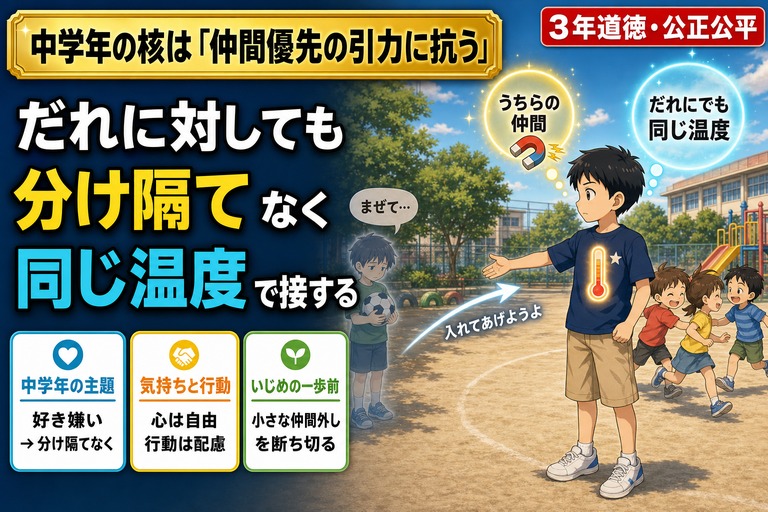「まぜて…」と佇むサッカーボールを抱えた子に手を差し伸べる3年生男子のアニメ風イラスト。胸に光る温度計と「うちらの仲間（磁石）」「だれにでも同じ温度」の二つの思考バブルが描かれ、「だれに対しても／分け隔てなく／同じ温度で接する」のテキスト入り