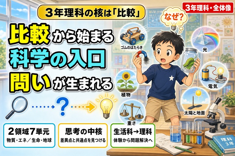 磁石と虫入りの透明瓶を左右の手で比べる3年生男児の周りに、ゴム車・光プリズム・電気回路・植物・太陽と地面・重さの天秤など3年理科7単元のアイコンが浮かぶアニメ風イラスト。「比較から始まる科学の入口、問いが生まれる」のテキスト入り