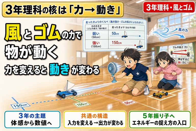 扇風機で風を送り帆の付いた車を走らせる3年生男児と、ゴムで動く車を引っ張る女児、床に50cm/100cm/150cmの距離マーカー、走った距離の比較表が描かれるアニメ風イラスト。「風とゴムの力で物が動く、力を変えると動きが変わる」のテキスト入り
