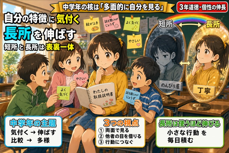 「わたしの取扱説明書」を書く3年生女子のアニメ風イラスト。3人の友達が「絵が上手」「やさしい」などのカードを添え、横の鏡には「のんびり屋(短所)」と「丁寧(長所)」が虹の橋で繋がっている。「自分の特徴に気付く/長所を伸ばす/短所と長所は表裏一体」のテキスト入り