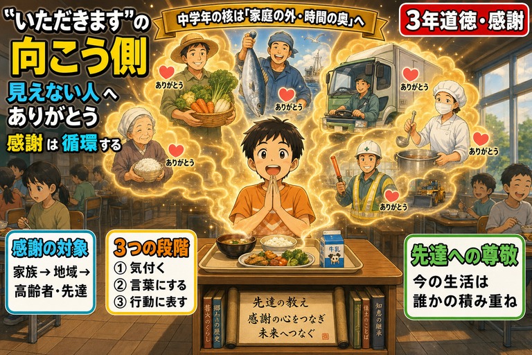 給食前に「いただきます」と手を合わせる3年生男子のアニメ風イラスト。湯気から農家・漁師・運転手・調理員・高齢者など見えない働き手たちが浮かび上がる。「いただきますの向こう側／見えない人へありがとう／感謝は循環する」のテキスト入り