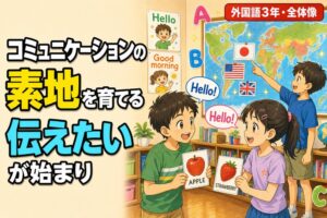 ALTの先生と英語で挨拶する児童、友達同士で英語カードを見せ合いながらやり取りする児童、世界地図の前で国旗に興味を示す児童が描かれたアニメ風イラスト。「コミュニケーションの素地を育てる」のテキスト入り