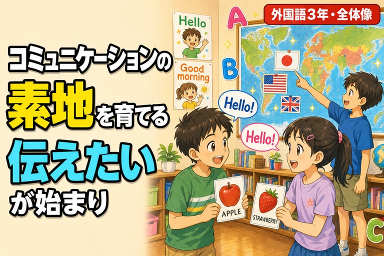 ALTの先生と英語で挨拶する児童、友達同士で英語カードを見せ合いながらやり取りする児童、世界地図の前で国旗に興味を示す児童が描かれたアニメ風イラスト。「コミュニケーションの素地を育てる」のテキスト入り