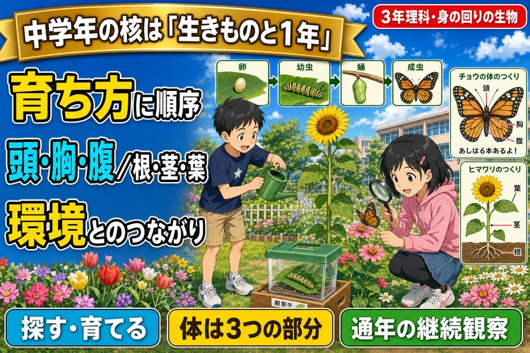 ヒマワリに水をやる3年生男児と虫眼鏡でチョウを観察する女児、卵→幼虫→蛹→成虫の変態図とチョウの体（頭・胸・腹）・ヒマワリの体（根・茎・葉）の解説図を描いたアニメ風イラスト。「育ち方に順序、頭・胸・腹／根・茎・葉、環境とのつながり」のテキスト入り