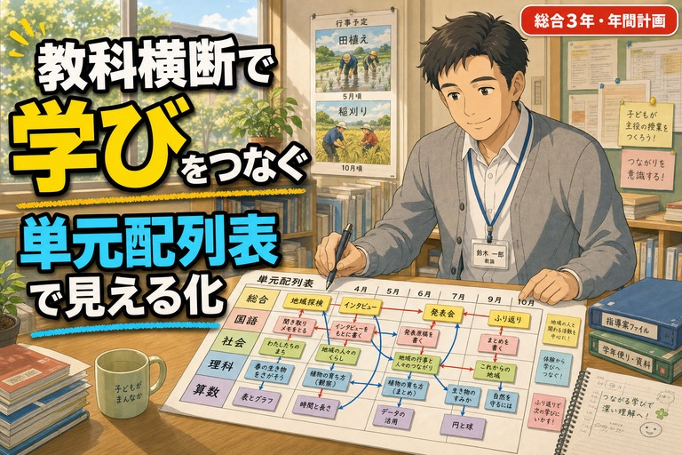 各教科の単元を月別に並べた単元配列表を広げる教師と、校外で地域の人にインタビューする児童、田んぼで活動する児童が描かれたアニメ風イラスト。「教科横断で学びをつなぐ」のテキスト入り