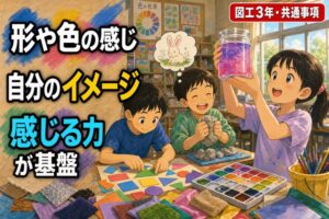 色とりどりの材料を手に取り、形や色の感じを確かめる児童、粘土を触りながらイメージを膨らませる児童、色水を混ぜて色の変化を楽しむ児童が描かれたアニメ風イラスト。「形や色の感じとイメージ」のテキスト入り