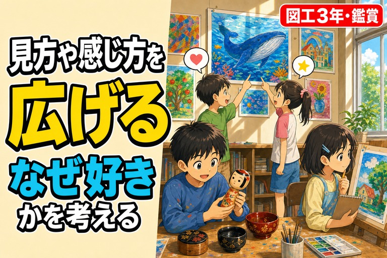 友人の絵を見ながら感想を話し合う児童、伝統工芸品を手に取って観察する児童、自分の作品を見返しながらメモを書く児童が描かれたアニメ風イラスト。「見方や感じ方を広げる」のテキスト入り