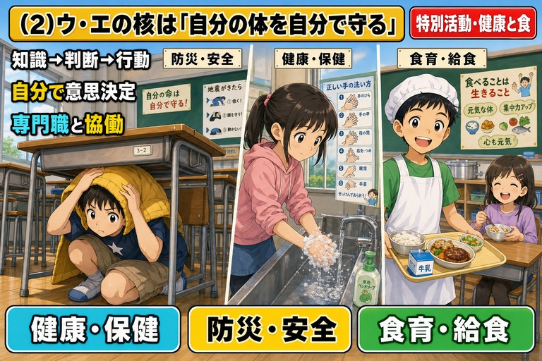 3パネル構成のアニメ風イラスト。左：黄色い防災頭巾をかぶり机の下に避難する男児（防災・安全）、中央：石けんで手を洗う女児と「正しい手の洗い方」ポスター（健康・保健）、右：給食エプロンと帽子で配膳トレイを運ぶ男児と笑顔で食べる女児（食育・給食）。「知識→判断→行動／自分で意思決定／専門職と協働」のテキスト入り